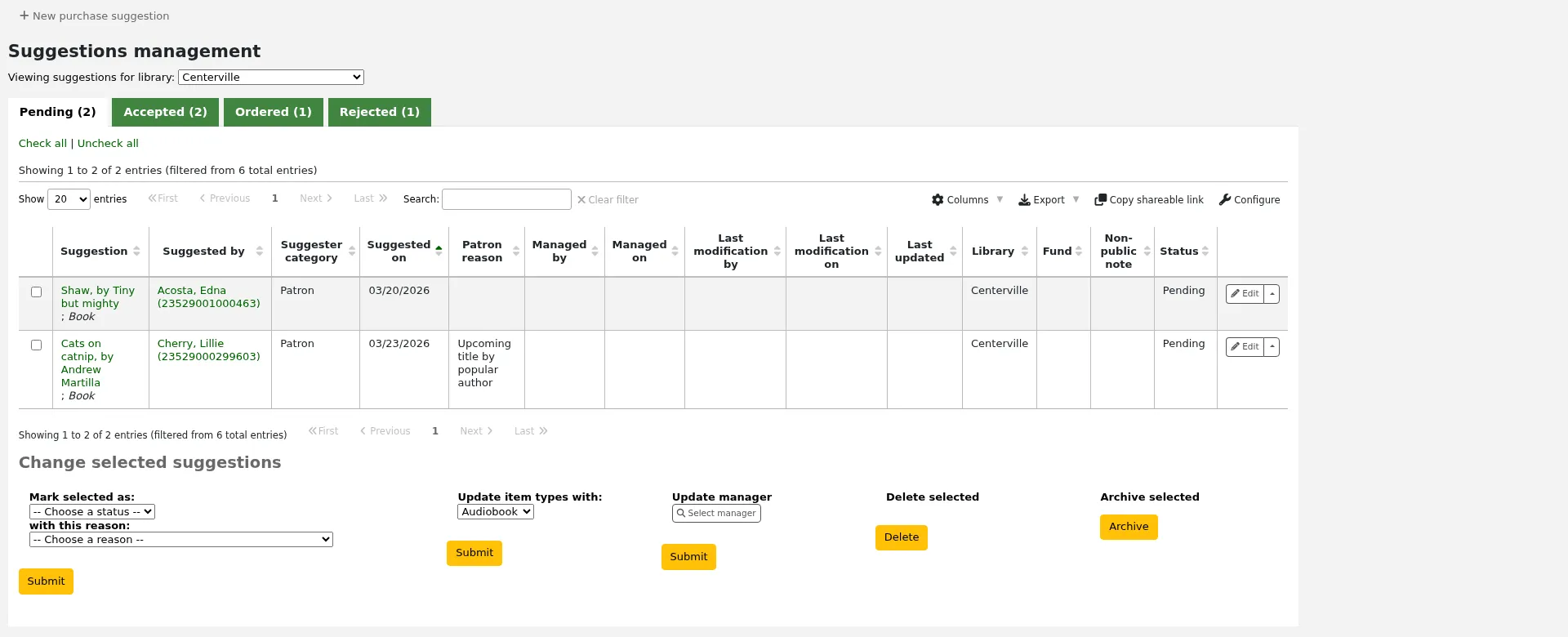 Suggestion management tool page