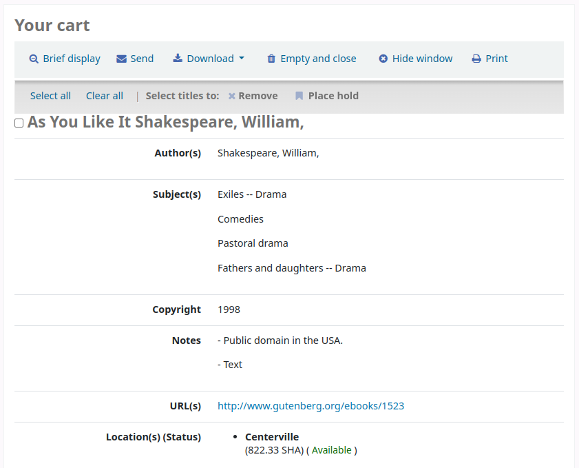購物車內容已擴展. 顯示的是購物車中第一個標題的標題、作者、主題、版權日期、註釋、URL 以及館藏位置和狀態.