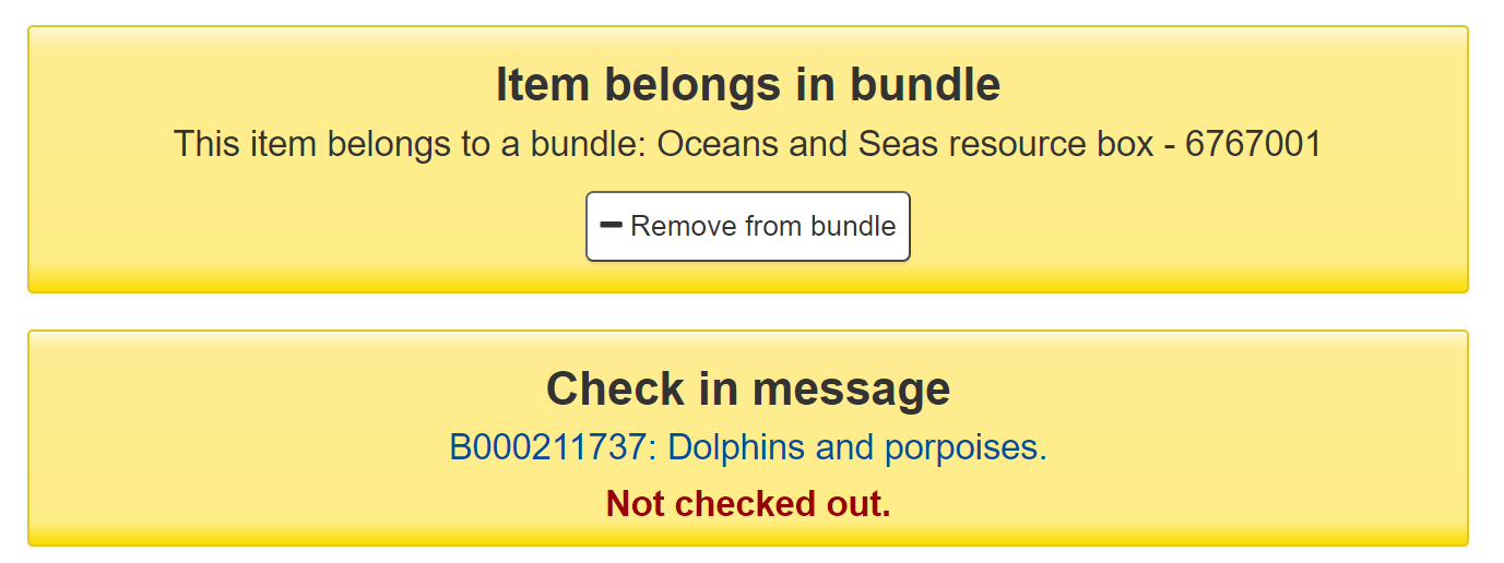 還入館藏時出現警告，內容為 '館藏屬於捆綁包此館藏屬於捆綁包'，後跟捆綁包的標題和條碼以及 '從捆綁包中刪除' 按鈕