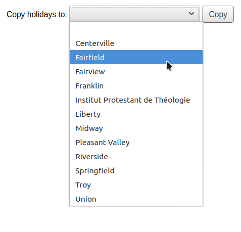 所有圖書館的下拉式選單，從中選擇將假期複製到哪個圖書館