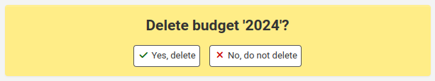 警告閱讀 "刪除'2024'預算？"，選項為 "是，刪除" 和 "否，不刪除"