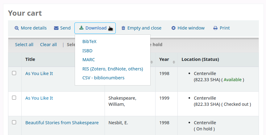 下載購物車內容的選項：BibTeX、ISBD、MARC、RIS 和自訂 CSV 設定檔