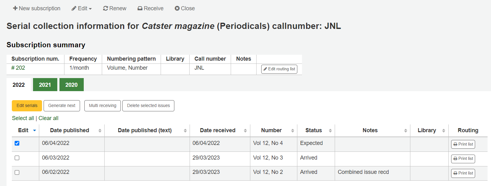 Serial collection page, the issues table shows three issues that have already been received and one issue still expected, the expected issue is checked