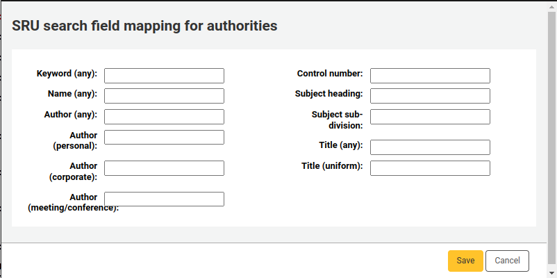 彈出視窗為機構新增SRU搜尋欄位對映，欄位為關鍵字 (任意)、姓名 (任意)、作者 (任意)、作者 (任意)、作者 (公司)、作者 (會議/會議)、控制編號、主題標題、主題細分、標題 (任意) 和標題 (統一)。 每個欄段都有一個要填寫的文字欄段。