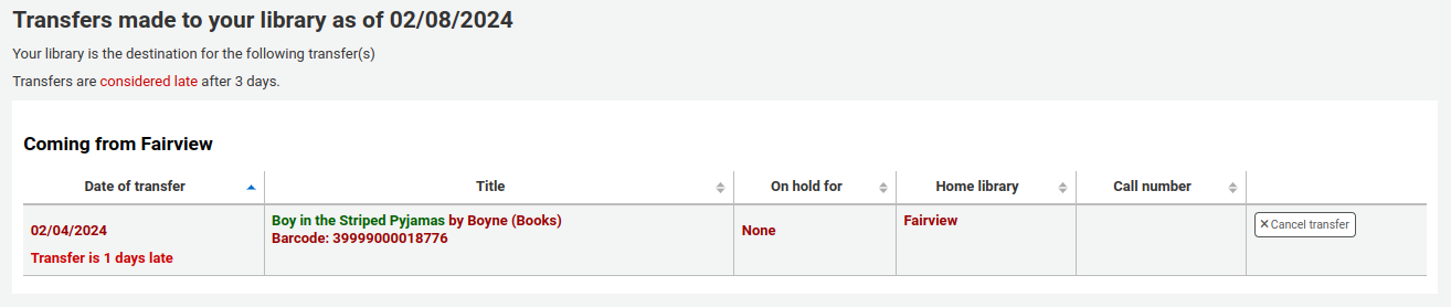 截至當天日期向您的圖書館進行的轉移表. 顯示正在運送的館藏清單. 超過 3 天前發送的轉移會顯示為紅色，並註明 "轉移晚了 X 天".