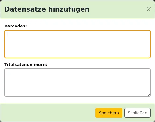 Fenster zum Hinzufügen von Exemplaren zu einer Liste nach Barcode oder biblionumber