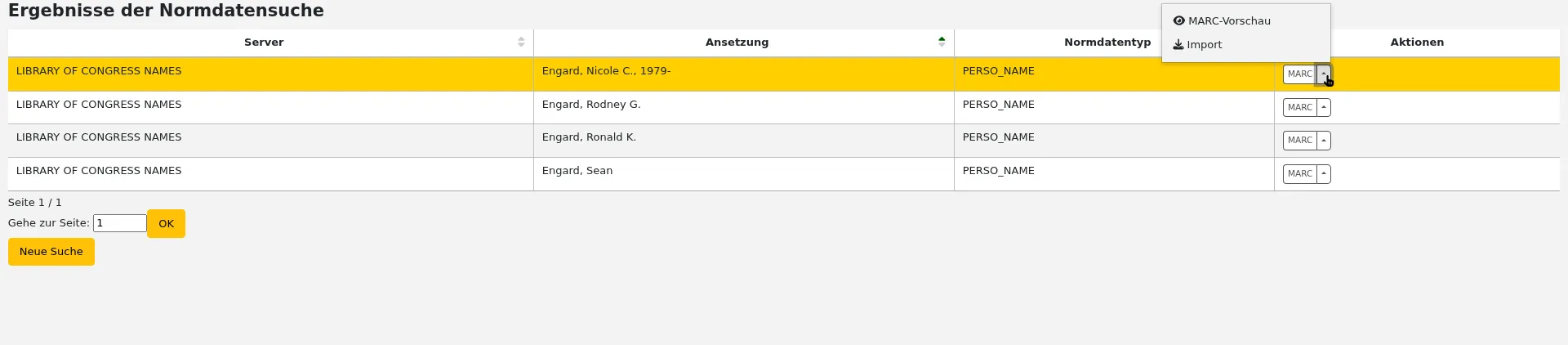Ergebnisliste einer Z39.50/SRU-Suche nach einem Normdatensatz mit einem Ergebnis aus der Liste, das als zu importierend markiert ist