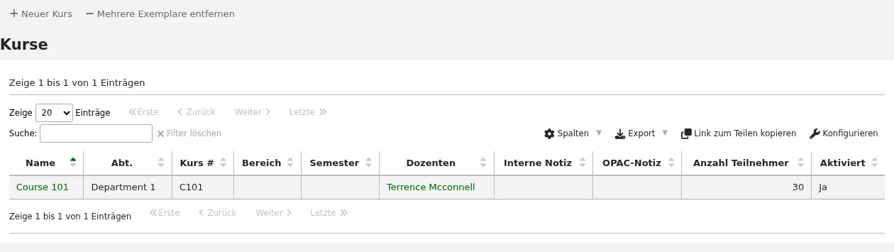 Kursseiten, mit zwei Kursen