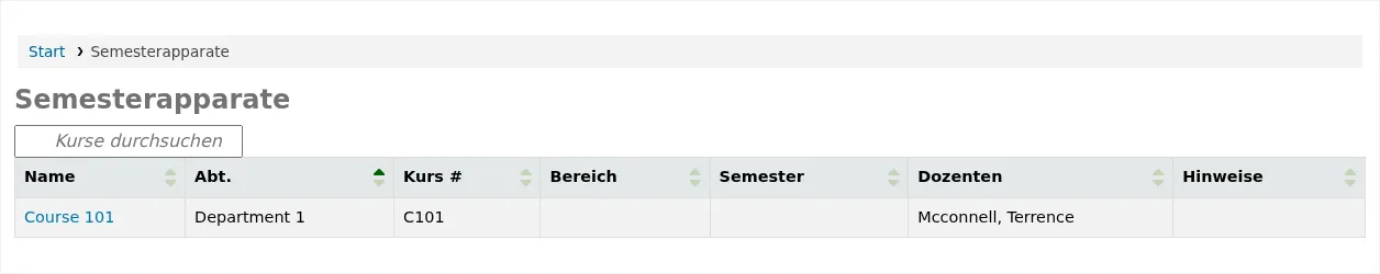Semesterapparats-Seite im OPAC, die die verfügbaren Kurse in einer Tabelle anzeigt