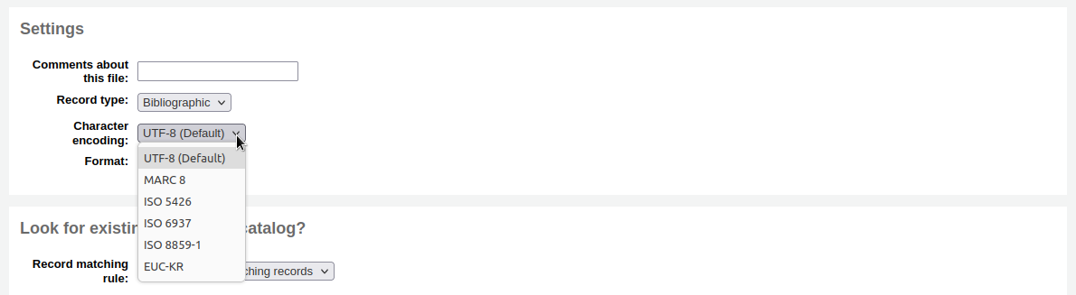 Dropdown-Liste der verfügbaren Codierungsschemata: UTF-8 ist der Standard, MARC8, ISO 5426, ISO 6937, ISO 8859-1 oder EUC-KR