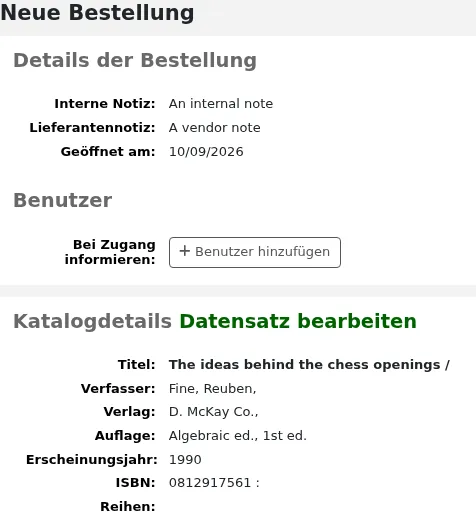 Wenn Sie von einem bestehenden Datensatz aus bestellen, wird der Datensatzteil des Bestellformulars automatisch ausgefüllt