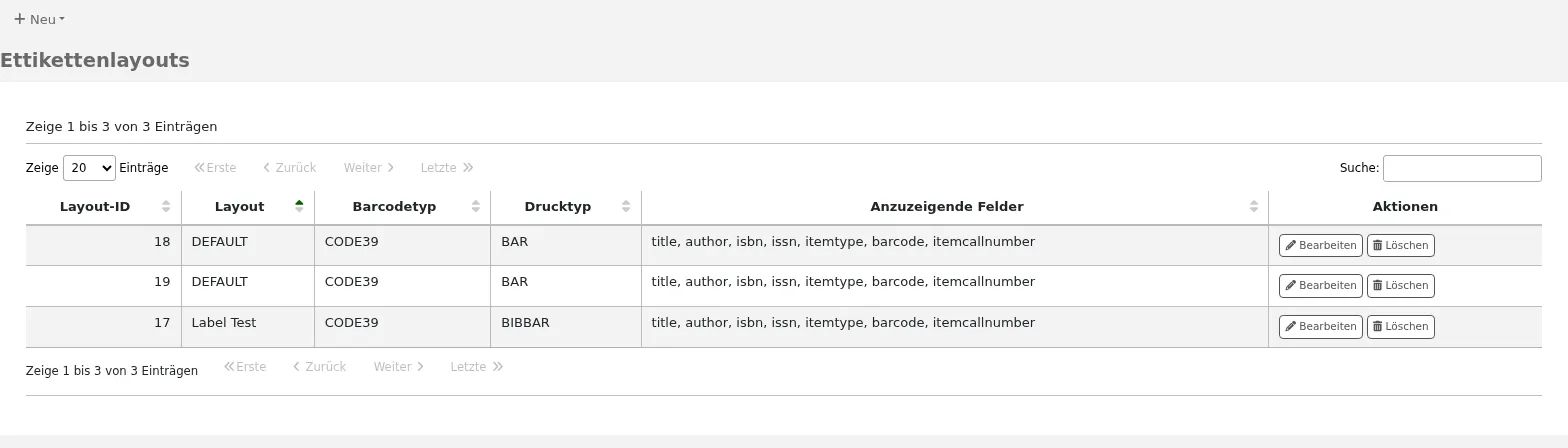 Tabelle der aktuell verfügbaren Layouts