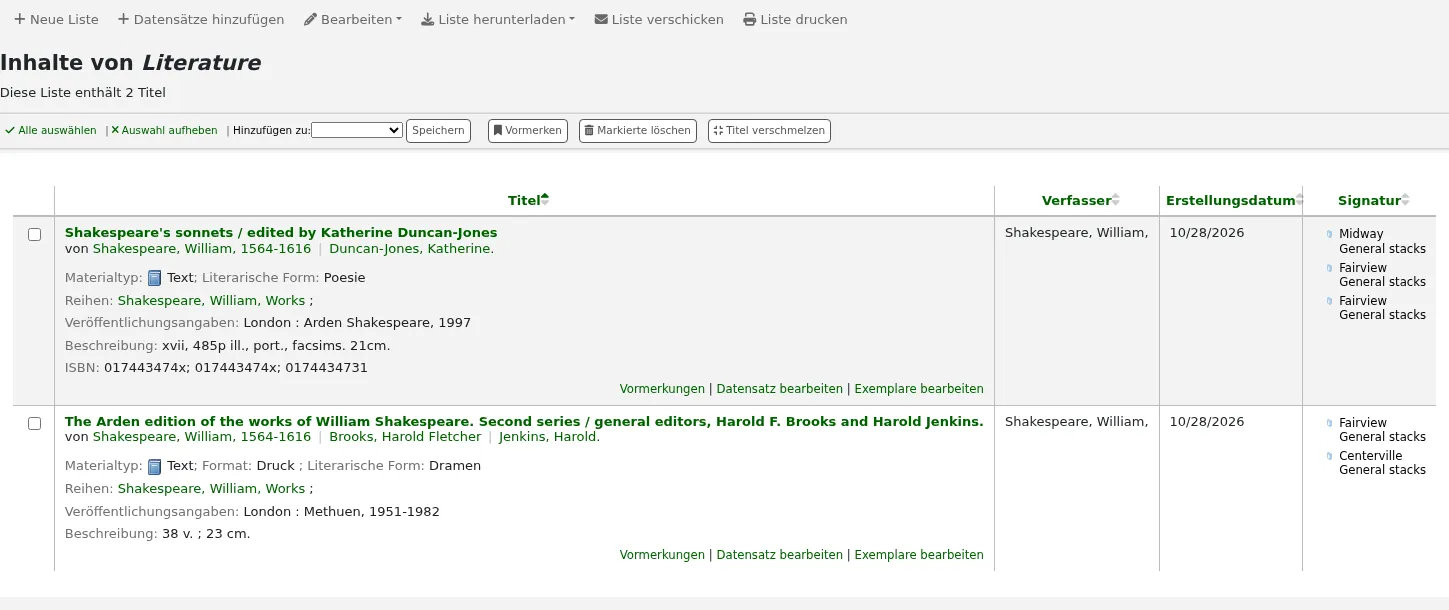 Ansicht des Inhalts einer Liste mit Titeln und Funktionen