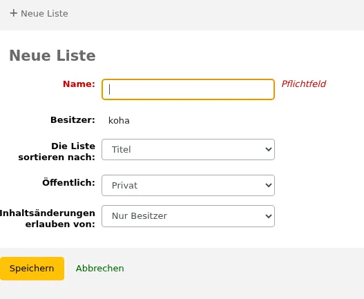 Formular zur Erstellung einer neuen Liste
