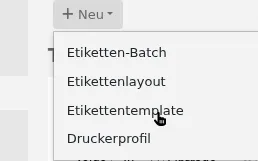 Das Menü „Neu“ auf der Seite zur Erstellung von Etiketten ist geöffnet und der Mauszeiger befindet sich auf der Option „Template“