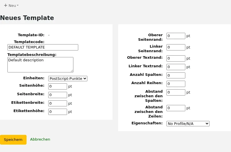 Formular für ein neues Etiketten-Template