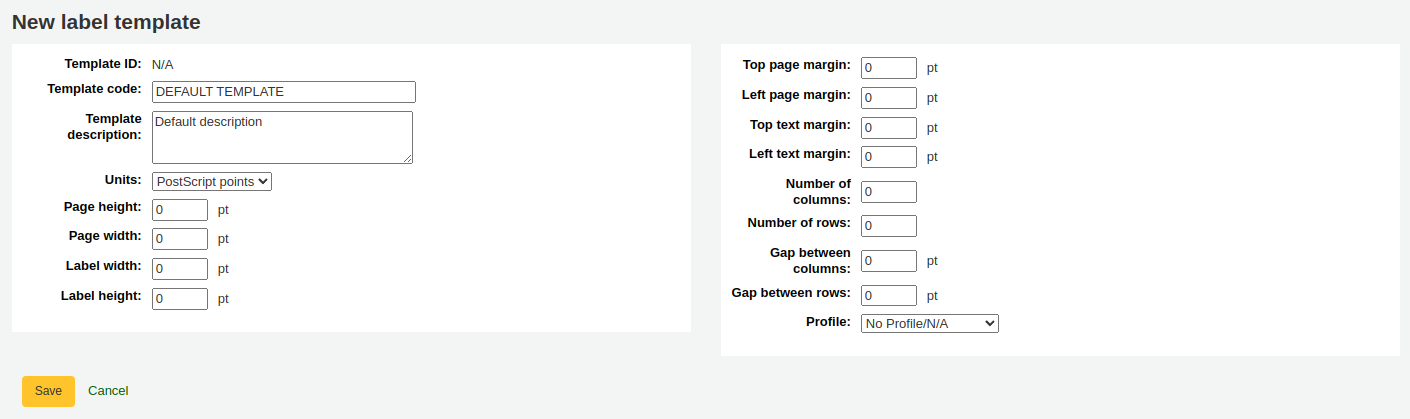 Formular für ein neues Etiketten-Template
