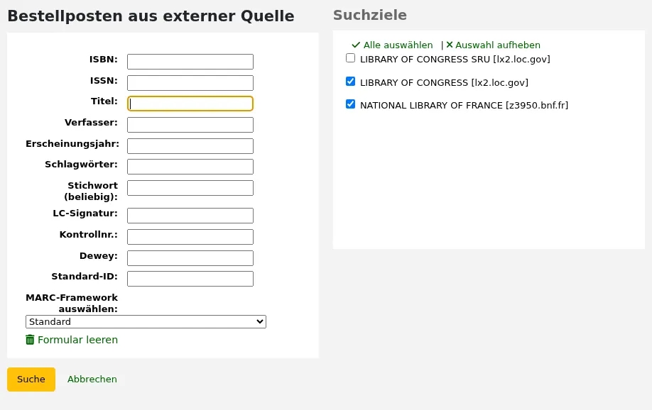 Formular zur Z39.50-Suche für die Bestellung aus einer externen Quelle