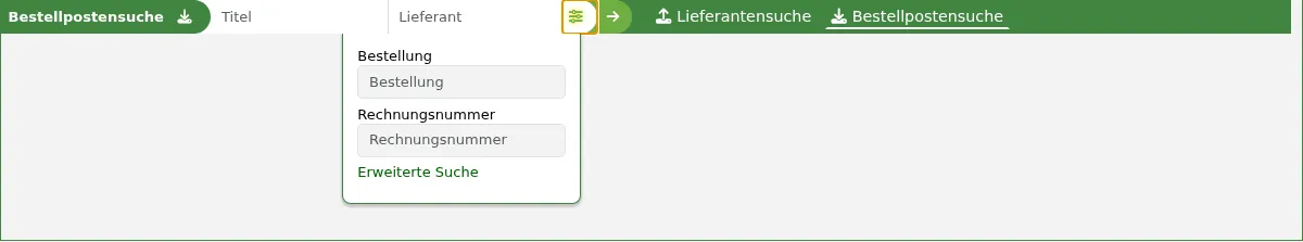 Die Suchleiste oben auf der Seite hat im Erwerbungs-Modul zwei Optionen, Lieferantensuche und Bestellungssuche, hier die erweiterte Bestellungssuche
