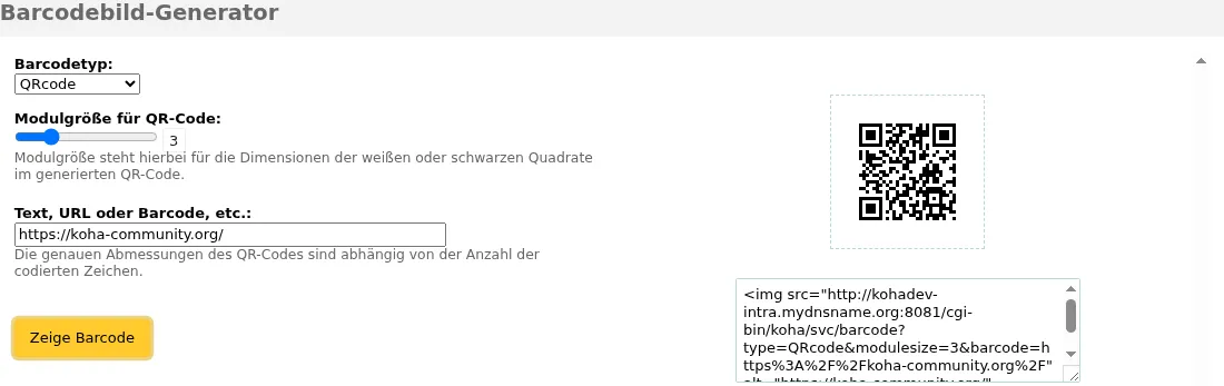 Barcode-Generator, auf der rechten Seite befindet sich ein QR-Code-Bild und ein HTML-img-Tag