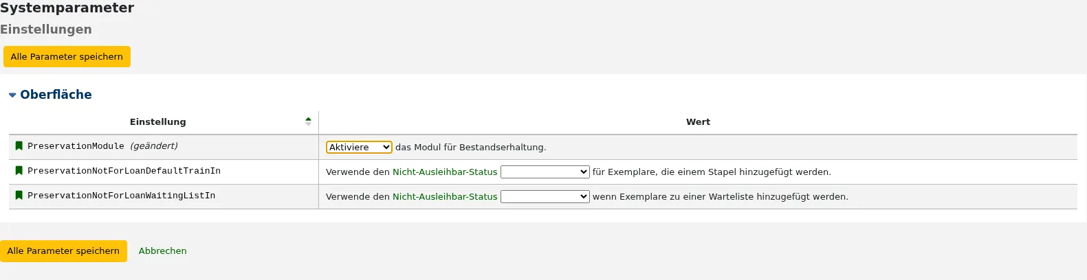 Screenshot der Systemparameter für den Bereich Rechnungen. Es gibt eine (geänderte) Markierung neben AutoCreditNumber und eine Schaltfläche am oberen Rand der Tabelle „Alle Rechnungseinstellungen speichern“