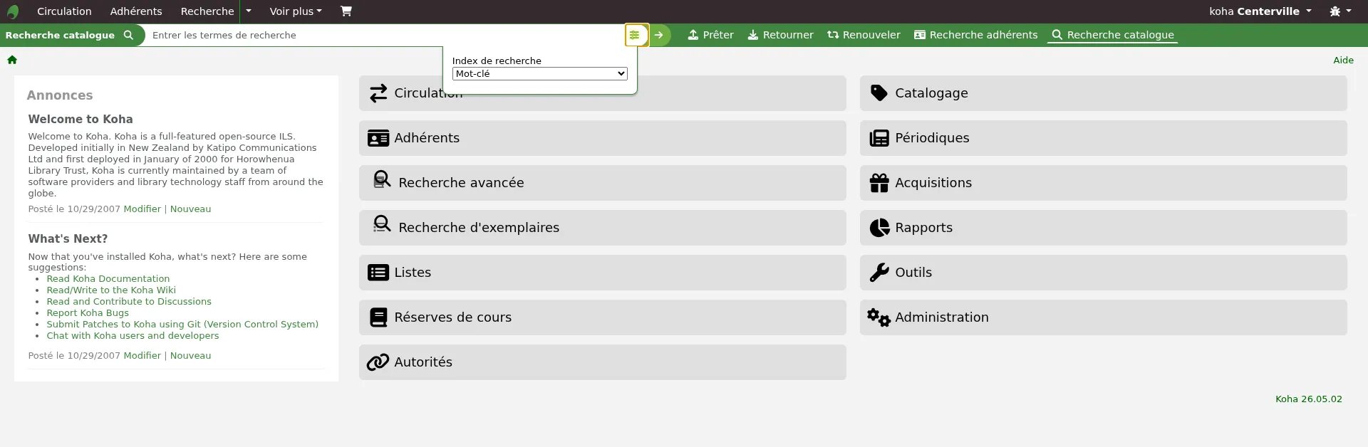 Quand IntranetCatalogSearchPulldown est paramétrée sur Afficher, un menu déroulant d'indexs apparaît à côté de la boîte de recherche