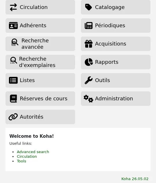 Il y a un bloc de texte en dessous des icônes de modules sur la page d'accueil de l'interface professionnelle, avec le titre IntranetmainUserBlock et des puces.