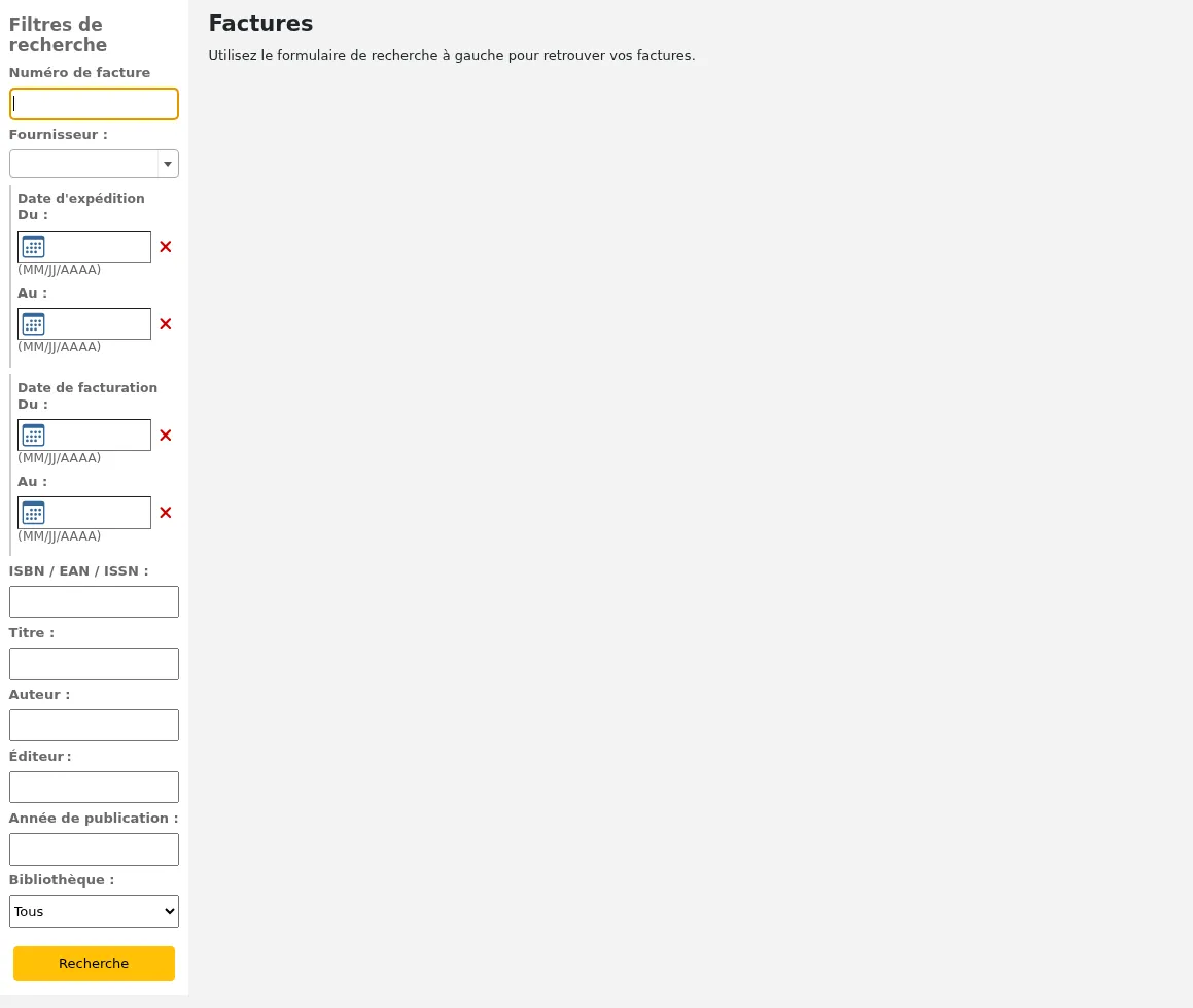 Formulaire de recherche de factures, les champs supplémentaires qui sont ciblés sont disponibles dans cette recherche