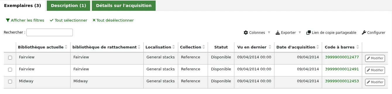 Holdings table in a detailed record
