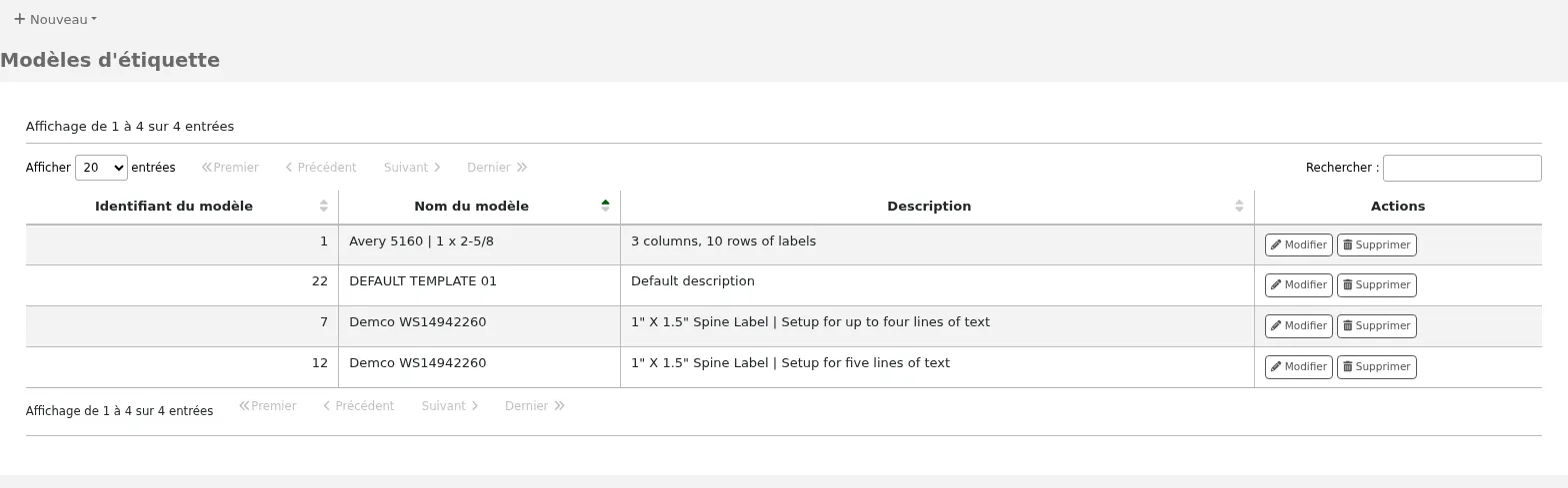 Table of currently available templates
