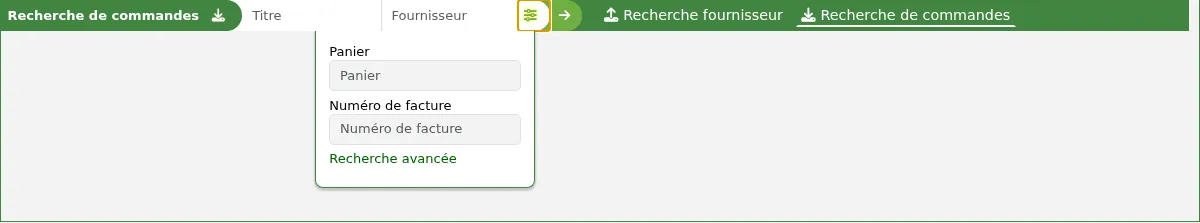 Dans le module Acquisitions la barre de recherche en haut de la page a deux options, Recherche fournisseur et Recherche de commandes, ceci affiche l'option recherche de commandes, déployée