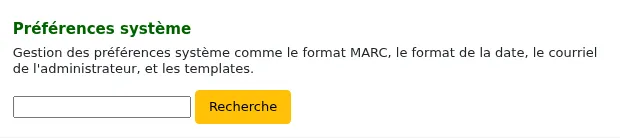 Boîte de recherche dans les préférences sytème de la page d'accueil du module Administration