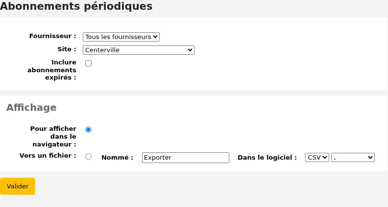 Dans le module Rapports, le formulaire pour obtenir des statistiques sur les périodiques