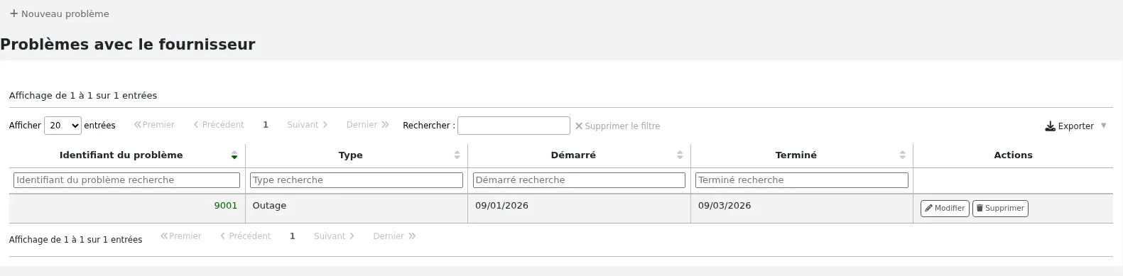 Tableau des problèmes avec un fournisseur, affichant l'identifiant du problème, son type et ses dates de début et fin. Les boutons d'action sont Modifier et Supprimer.
