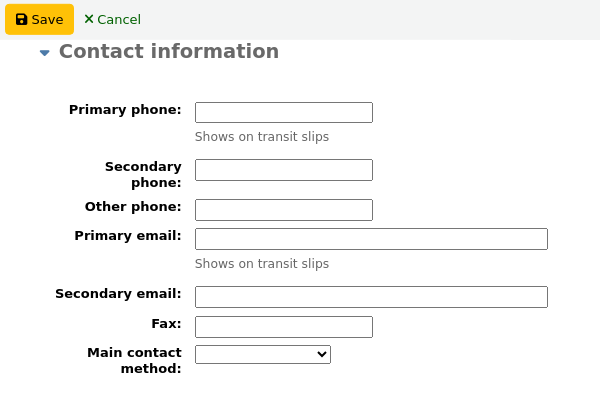 The Contact information section of the new patron form