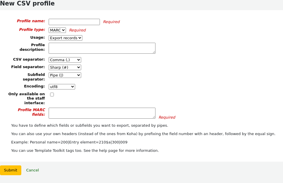 Add new CSV profile form