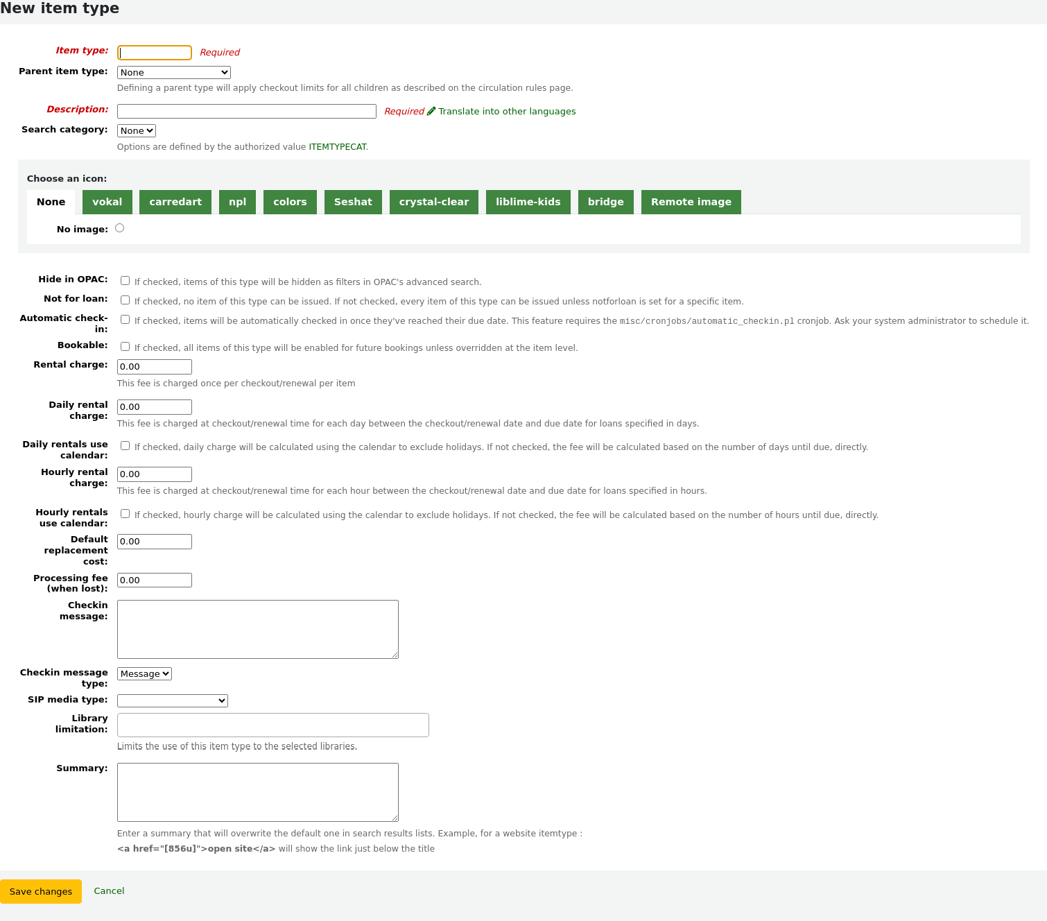 Add new item type form