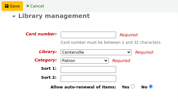 'Library management' section of the patron form