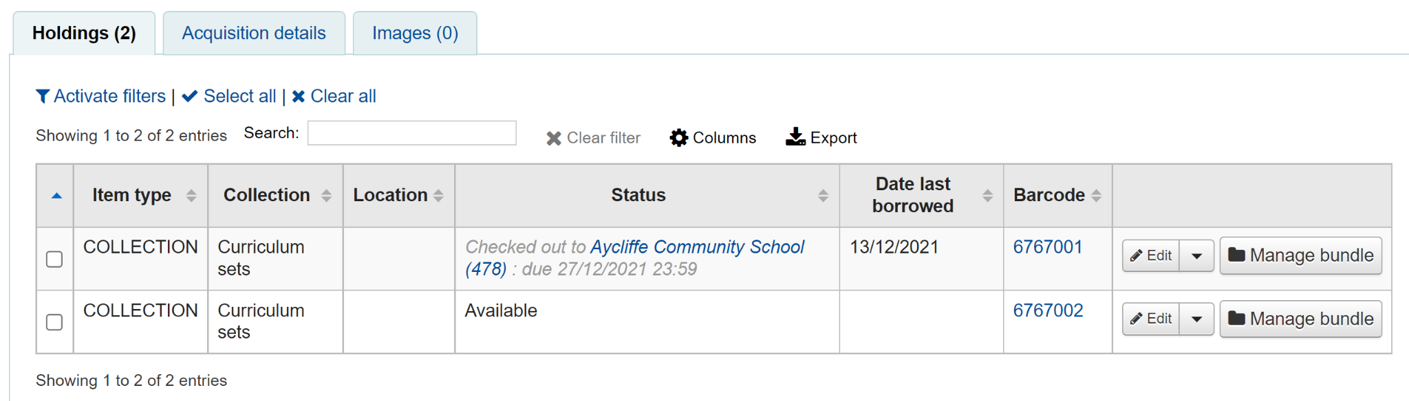 Holdings tab in a detailed record in the staff interface, the item is marked as checked out, with the name of the patron, their card number and the due date