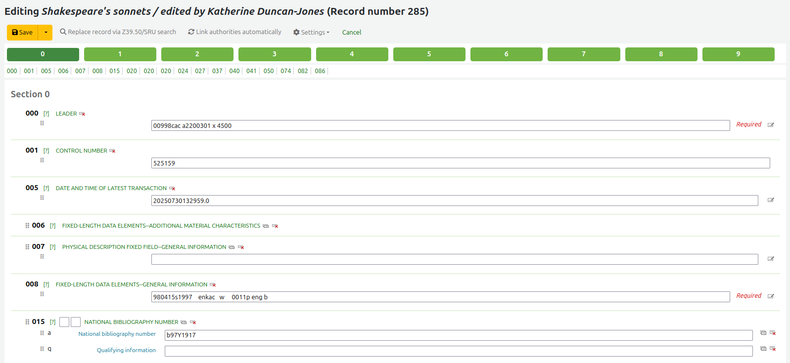 Record open in the basic cataloging editor