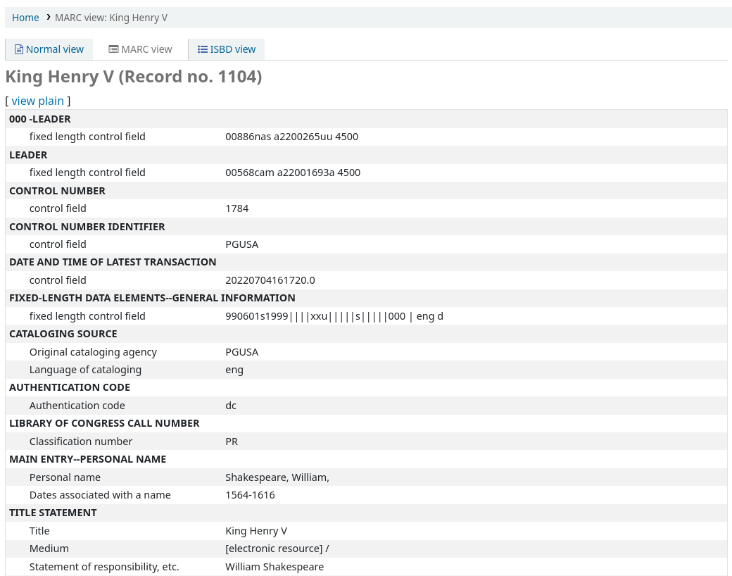 The MARC view of a record in the OPAC, the MARC field numbers and indicator values are not displayed.