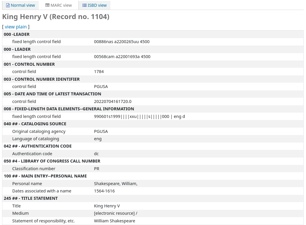 The MARC view of a record in the OPAC, the MARC field numbers and indicator values are displayed.