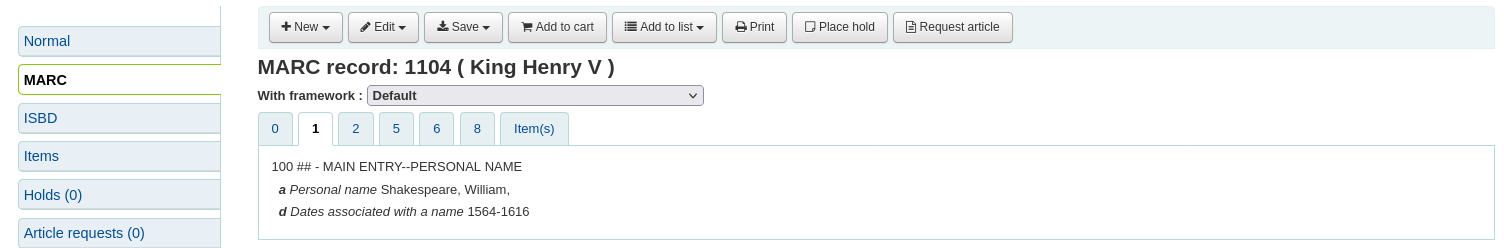 The MARC view of a record in the staff interface, the MARC field numbers and indicator values are displayed.