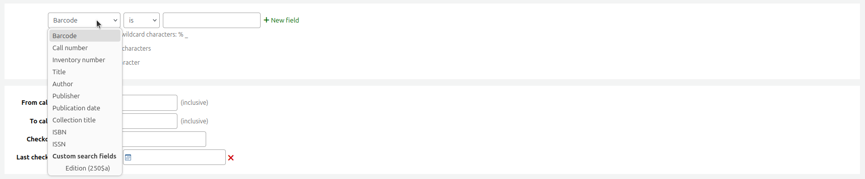 Item search fields dropdown menu opened, showing the custom search fields