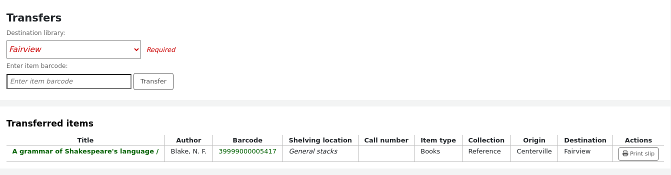 Form to transfer an item to another library, followed by a table containing items that have been transferred