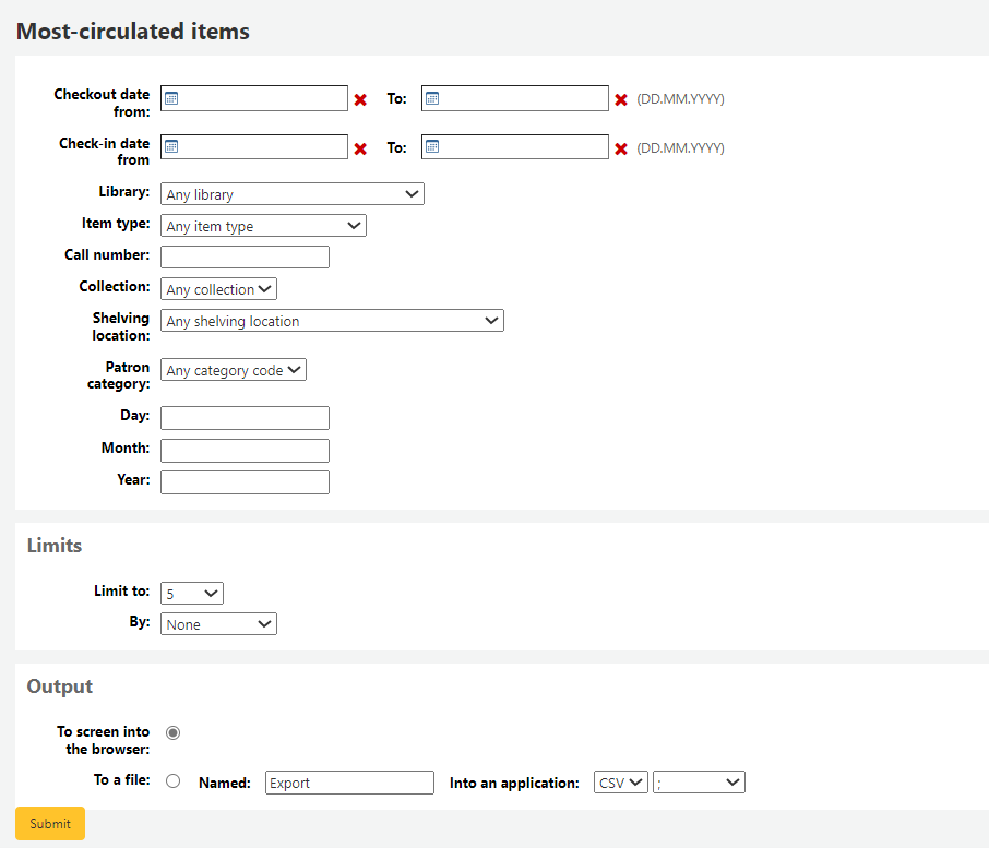 Form for the 'Most circulated items' report