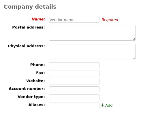Company details section of the new vendor form