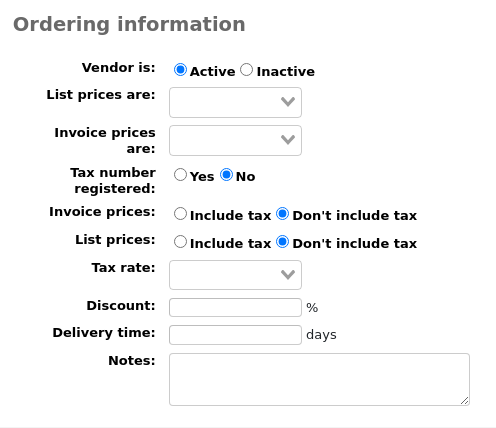 Ordering information section of the new vendor form