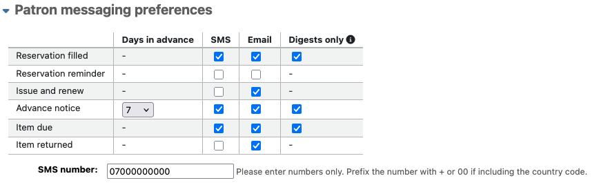 Patron messaging preferences table, showing a column of tickboxes entitled SMS next to the one for Email.