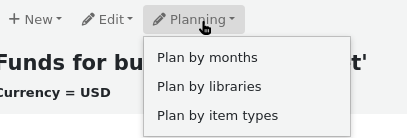 On the page for the list of funds in a budget, the Planning button is open and the options are: Plan by months, Plan by libraries, and Plan by item types